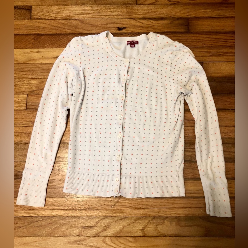 Cream Merona cardigan w/orange & grey dots, size Medium in Womens